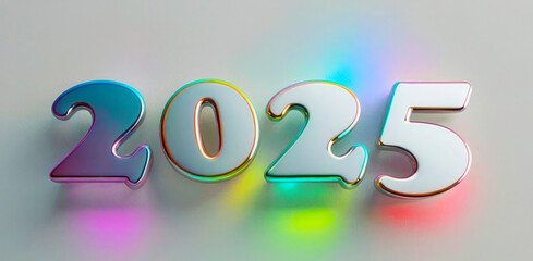 3D render holographic chrome Y2K element on transparent background. Liquid chrome, vintage element, number 2025, new year.