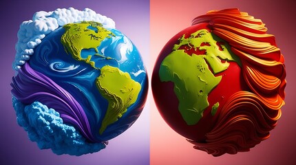 Digital illustration of two Earths side by side: one with a serene blue glow and visible Africa and Europe, the other with a fiery red glow and visible Americas, creating a visual dichotomy.