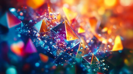Poster - colorful geometric crystals floating through a vibrant abstract background with blurred lights and h