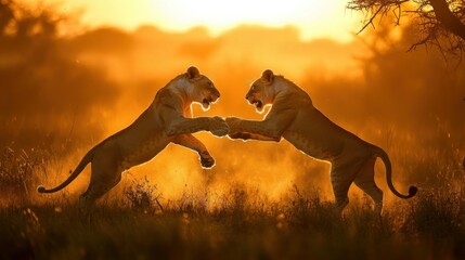 Poster - Two Lions Silhouetted Against a Sunset in the African Savanna