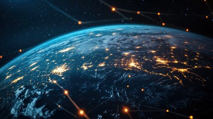 Poster - Earth at Night with Interconnected Network Lines