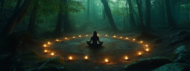 Canvas Print - A person meditates in a candlelit circle surrounded by tall trees in a serene forest at dusk