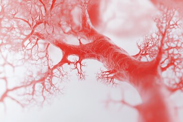 Detailed view of healthy blood vessel cells displaying intricate red cellular structures, which demonstrates the complexity and beauty of human anatomy.