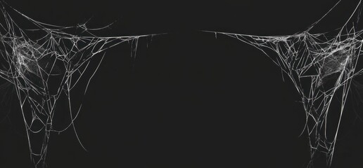 Wall Mural - Spider webs hanging on the left and right sides of an empty black background creepy atmosphere, horror mood, gothic art Generative AI