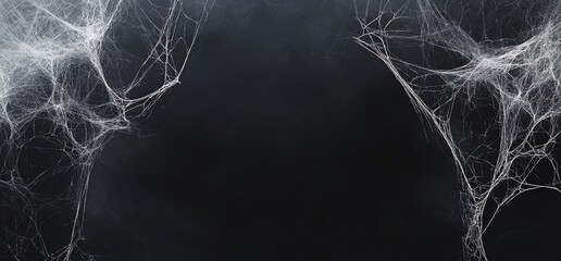 Wall Mural - black background with white spider webs, hanging from the left and right sides of the screen the web