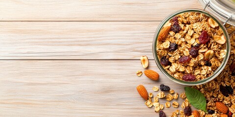 healthy granola mix with nuts and fruits in a jar, placed on a rustic wooden table, perfect for brea