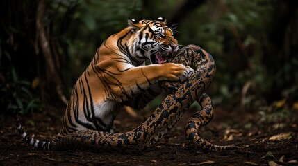 Wall Mural - Tiger Grappling with a Boa Constrictor in the Jungle