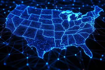 The United States is mapped out in blue and orange and lit with lights. He is a computer-generated image