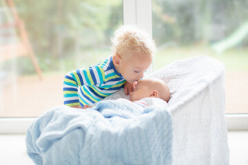 Wall Mural - child watching newborn baby in bassinet.