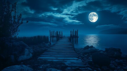 Wall Mural - Moonlit shore path leading to extending pier picture