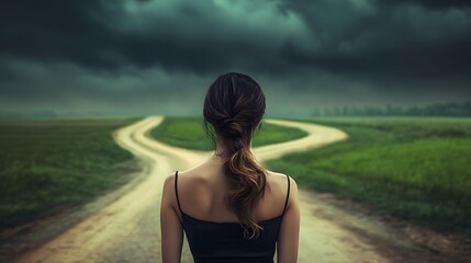 Wall Mural - A woman stands at the crossroads, looking back with long hair and wearing a black dress