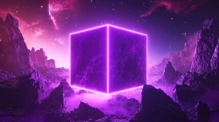 Wall Mural - Purple Cube in a Futuristic Landscape