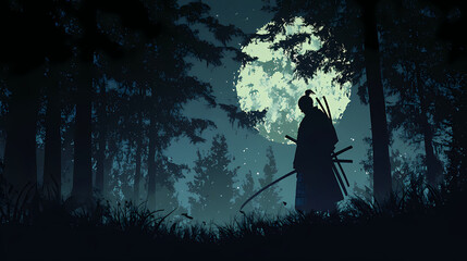 Poster - The terrifying ronin stands in the forest at night. black silhouette of a japanese warrior samurai against the night forest. high quality ai generated illustration. Samurai Warrior. Illustration