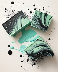 three handmade bars of soap with marbled black and green design, arranged on a white background with