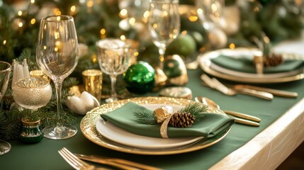 chic green themed table arrangement for a festive christmas and new year celebration dinner