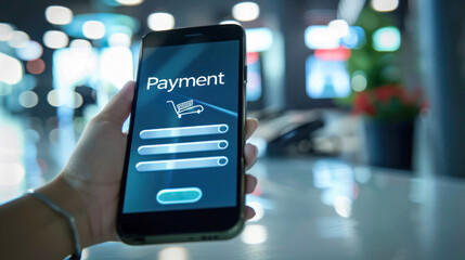 Mobile payment transaction on a smartphone screen in a modern setting, representing digital finance and convenience.