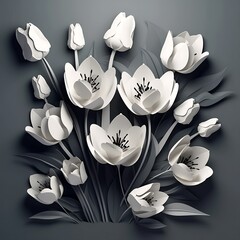 White paper flowers arranged on a gray background.