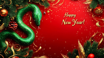 Wall Mural - Beautiful festive New Year card with congratulations, a snake and fir branches