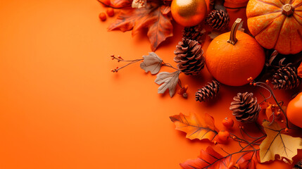 Minimalist composition of orange pumpkins and autumn leaves on orange background for Thanksgiving decoration