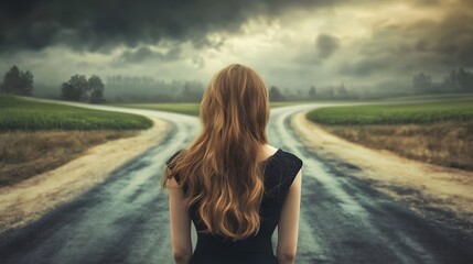 Wall Mural - A woman stands at the crossroads, looking back with long hair and wearing a black dress