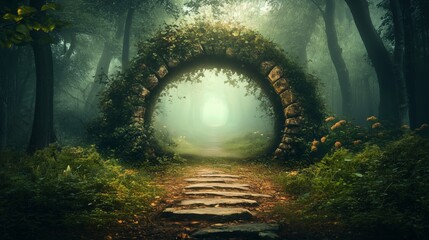 Canvas Print - Mysterious stone archway in a misty forest invites exploration along a stone path during early morning light