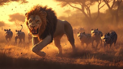 Wall Mural - A lion charging through a pack of hyenas in the savanna at sunset