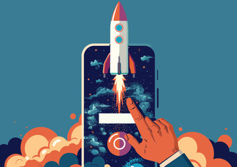Poster - Businessman Launching Startup Concept, Rocket Lifting Off from Smartphone Screen, Digital Innovation, Entrepreneurship, Vector Illustration