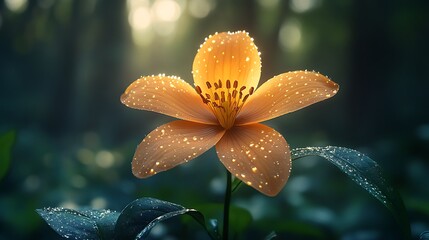 Sticker - A single orange flower with dew drops, backlit by the sun in a forest.