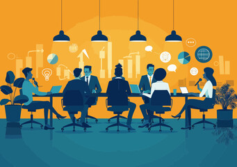 Poster - diverse business team in modern workspace engaging in collaborative meeting for strategic planning a