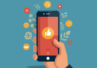 Poster - Minimalistic Vector Illustration of Smartphone Application with Hand Holding Device and Icons Surrounding, Showing User Interface Interaction Concept, Perfect for Tech and Business Use