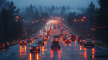 A long line of cars travel along a highway in the rain at dusk.