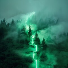 Wall Mural - A glowing neon green line cuts through a misty forest, creating a surreal and ethereal atmosphere.