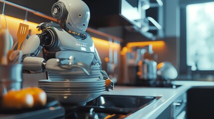 cleaning process and working robot cleaner in the kitchen.