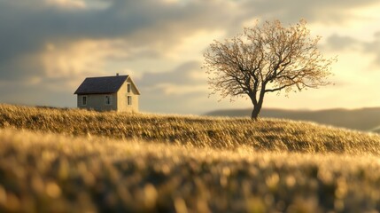 Sticker - A lone house on a hill with a bare tree in the foreground.