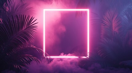 Wall Mural - Neon Frame with Tropical Foliage and Fog