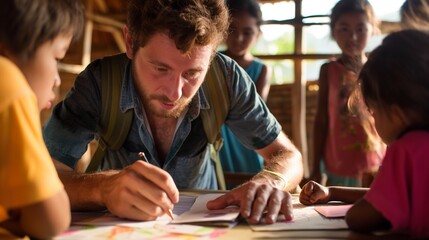 Wall Mural - Teacher helping students with homework