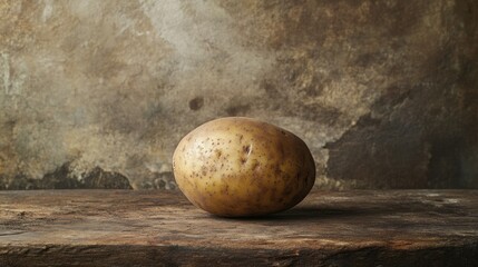 Wall Mural - A Single Potato Resting on a Weathered Wooden Surface