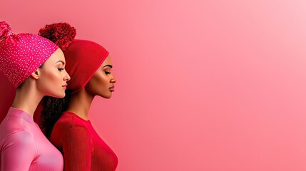 Two women in stylish colorful hats, showcasing modern fashion against a soft pink background. Breast Cancer, Breast Cancer Awareness