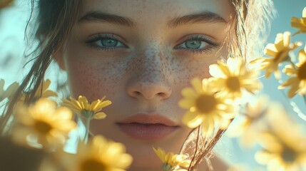 Sticker - Portrait of a Young Woman with Freckles and Yellow Flowers