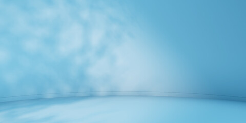 Poster - Blue minimalist curved studio for product presentation. Empty room with shadows of tree leaves. 3d room background with copy space. 3d render illustration