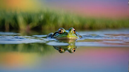 A close-up of a frog swimming in calm water, reflecting its vibrant colors.