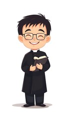 Wall Mural - A young priest, wearing glasses and a black shirt with a white collar, holds an open Bible in both hands