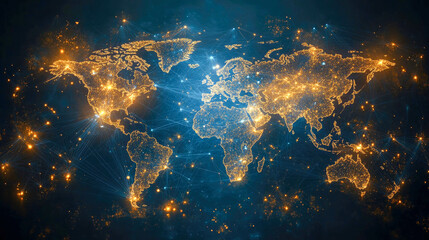 Poster - A digital world map glowing with connected networks, representing global data exchange