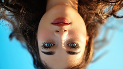 Sticker - Close-up of a Woman's Face with Blue Eyes and Dark Hair Upside Down Against a Blue Background