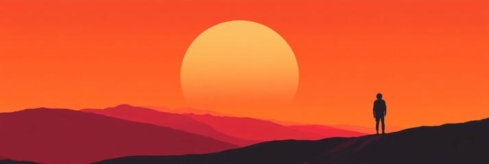 Minimalist Mars poster featuring a silhouette of the planet and a large gradient sun backdrop