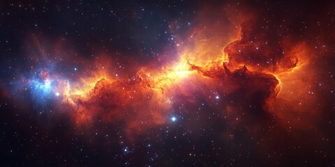 vibrant red and orange nebula with blue highlights illuminated by cosmic particles