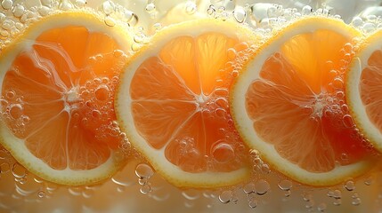 Wall Mural - Close-up of three lemon slices floating in water with bubbles.