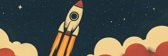 Wall Mural - Large rocket launches into a starry sky in a vintage-style space poster design