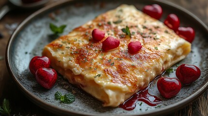 A plate of cheesy lasagna garnished with hearts of cherry jelly and mint sprigs.