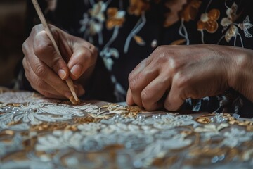 Poster - A woman delicately embroiders floral patterns on fabric while wearing a colorful traditional outfit in a serene indoor setting during the late afternoon
